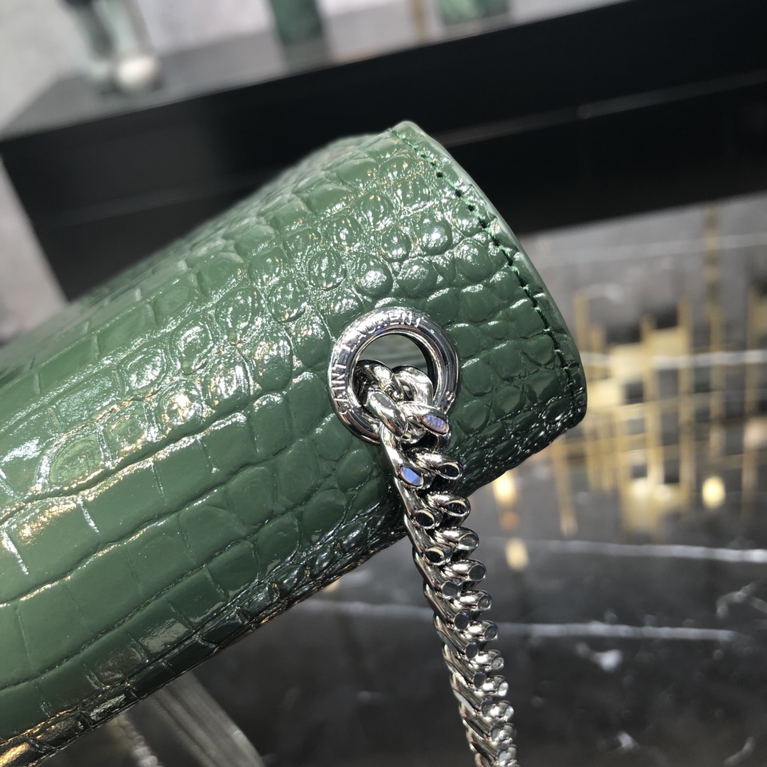 Saint Laurent Kate Tassel Small Crocodile Embossed Calfskin Shoulder Bag Handbag Army Green 474366 Silver